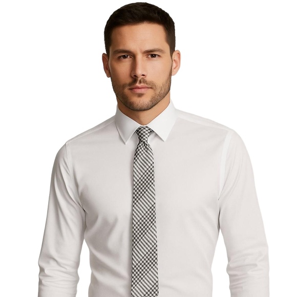 EXPRESS Men’s Silk Necktie Black White Gray Plaid Classic Business Formal - Picture 1 of 4